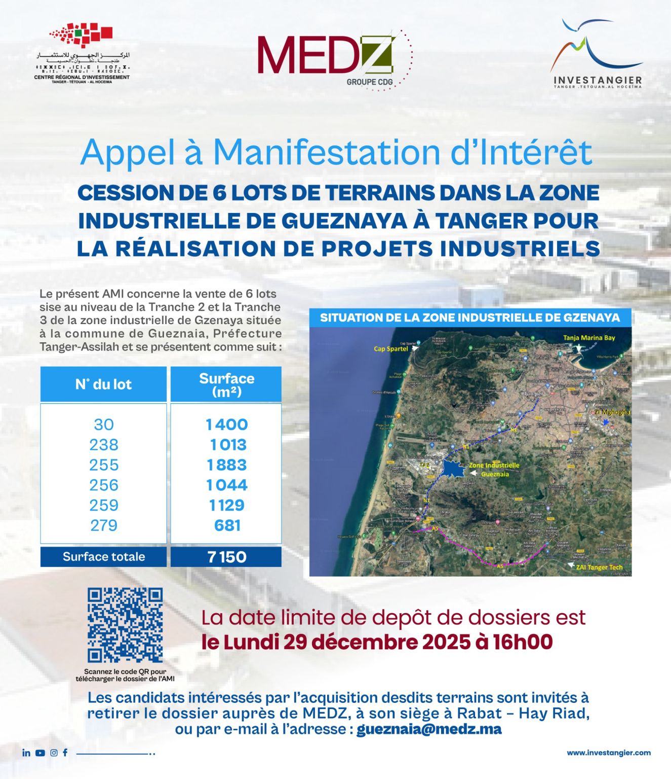 Lancement AMI: Cession de 6 lots de terrains destinés à des projets d’investissement industriels à Gzenaya