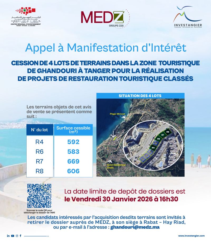 AMI: Cession de 4 lots de terrain aménagés pour implantation de projets de restaurants touristiques classés Ghandouri à Tanger.